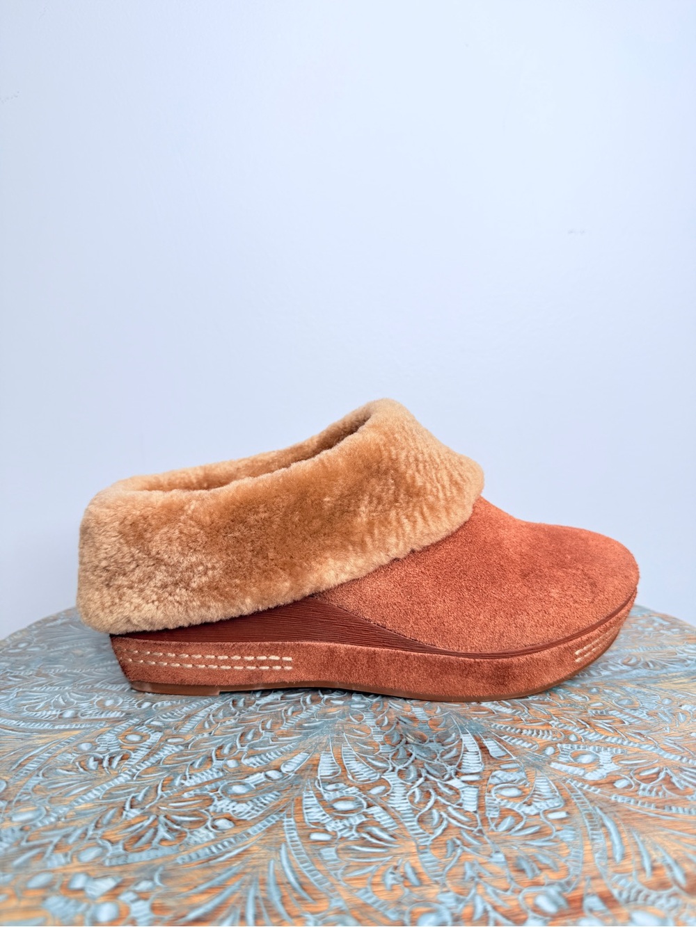 NWT! Antelope terracotta brown suede wedge mules with faux fur Size 38 - Picture 2 of 13